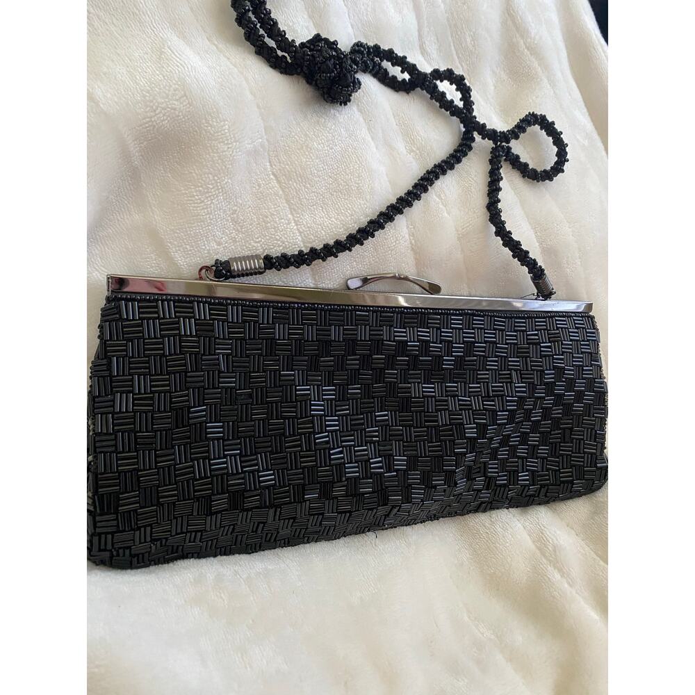 Vintage 80’s CEM brand | Handmade Black Beaded Evening Clutch with Chain Strap